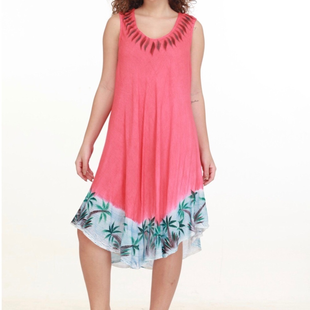 Coral Tank umbrella dress with palm trees hem